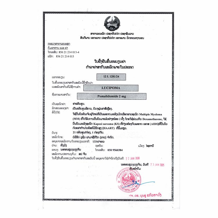 卢修斯 LuciPoma 泊马度胺 Pomalidomide 2mg 药品批准文号:12 L 1281/24(2mg)